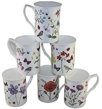 rubyspoon FINE Bone China Mugs Set of 6, Colorful Butterfly Flowers and Birds Mugs, Gift Set Hand Decorated in Staffordshire