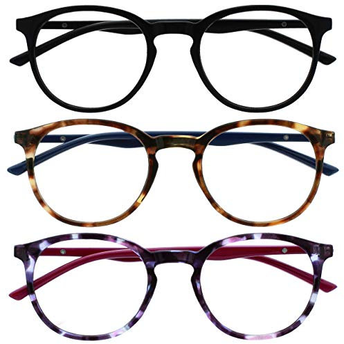 OPULIZE Met Gafas de Lectura con Bloqueo de Luz Azul 3-Pack Montura Redonda Negra Marrón Morado Resistente a Arañazos Bisagras de Muelle Ordenador Gaming Antirreflejante Hombre Mujer BBB60-125 +1.50