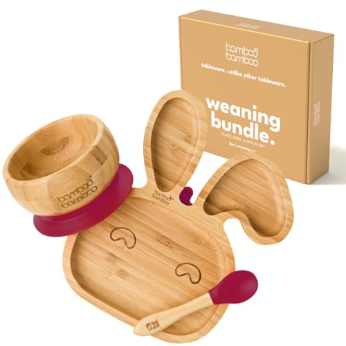 bamboo bamboo Babytallrik och skålset - bambu babyskål och tallrik med sugkopp för barn | Giftfri | Cool to The Touch | Perfekt för baby-led-bröllop (skål och kanintallrik, körsbär)