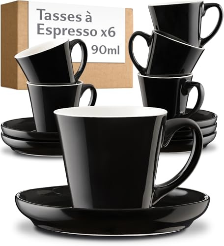 Cosumy Set di 6 Tazzine Caffè Nere con Piattini in Ceramica - Lavabili in Lavastoviglie - Con Scatola Regalo - Set Tazze, Set Tazzine Caffe Particolari Tazzina Caffè, Tazza Caffe, Tazzine Caffe - 70ml