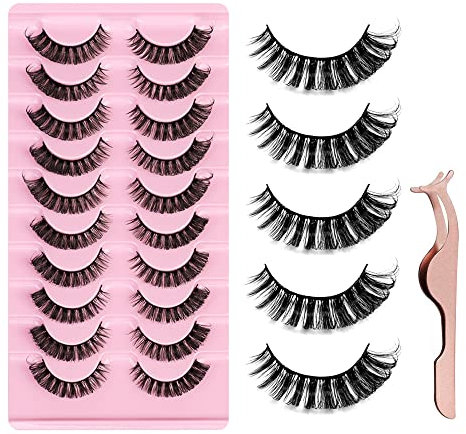 10 Paare 3D Falsche Wimpern, Natural Künstliche Wimpern Extensions Fake Lashes mit Wimpernclip, D Curl Russian Strip Lashes Wispy Fluffy Lashes für Augen Make-up (B)