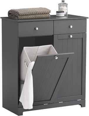 Haotian Tilt-Out Bathroom Laundry Cabinet Hidden Hamper Organizer with Double Baskets and Drawers Storing Unit Storage, Grey BZR33-DG