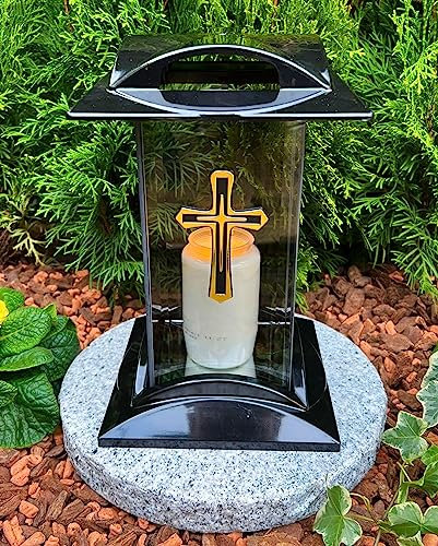 Lanterne funéraire avec motif croix dorée - Bougie funéraire - Bougie funéraire - 27 cm de hauteur - Décoration funéraire - Nouveau modèle avec bougie sans socle