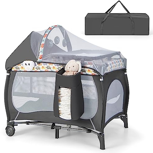 RELAX4LIFE 4 in 1 Lettino da Campeggio per Neonati, Culla da Viaggio con Fasciatoio, Baldacchino Retrattile con Zanzariera, Adatto a Bambini da 0 a 36 Mesi (Elefanti Colorati)