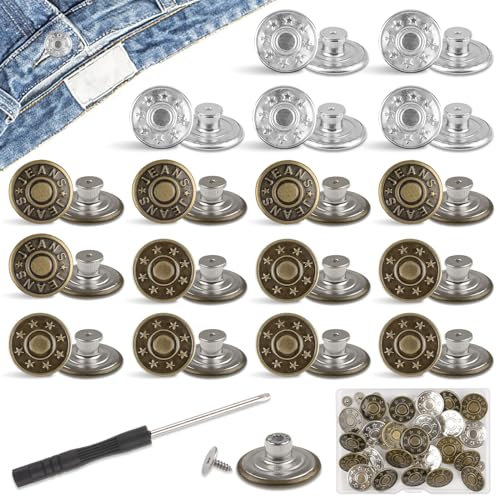 24 Stück Hosen Ersatz Knöpfe, 3 Stile Ø 20mm Verstellbare Jeansknöpfe mit Schraubendreher, Messing Jeansknöpfe Stecken für DIY Jeansknopf zur Reparatur von Jeans, Hose