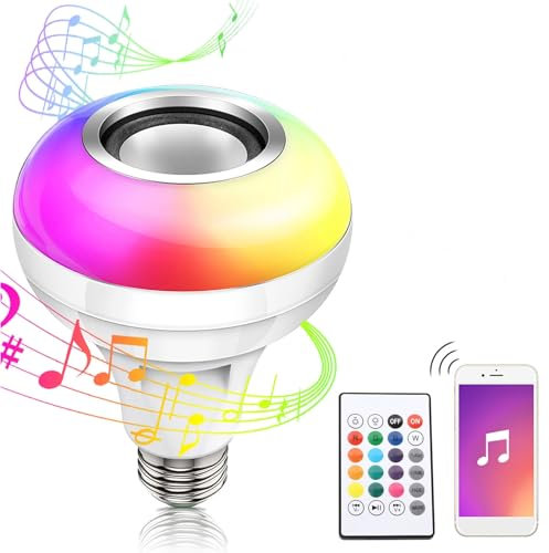 Sluffs Lampadina LED intelligente, E26/E27 12W LED RGB Lampadina altoparlante Bluetooth Controllo ricaricabile Altoparlante Bluetooth Audio multicolore Riproduzione di musica Luce con telecomando
