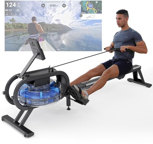 Rameur Pliable Appartement Freinage Magnétique 16 Niveaux de résistance Silencieux avec APP Exclusive, Rameur Magnétique Support de Tablette Assemblage Facile (Bleu Eau)