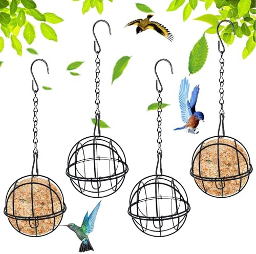 Omevett 4pcs Hanging Bird Feeder Metal Suet Feeder Fat Ball Birds Holders with 4 S-shaped Hooks for Outdoor Garden Wildlife Birds Finch Sparrow Robin