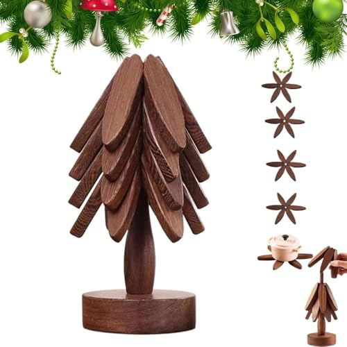 Underlägg träd trä för krukor, dekorativ servering och hemtillbehör, praktisk present till kök, inflyttning och jul (B-valnöt-4 underlägg)