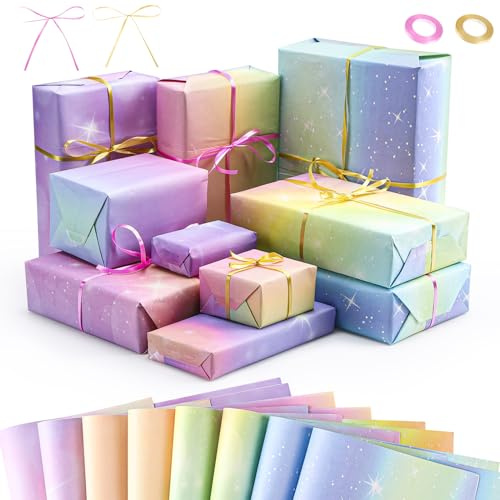 Halinuia Papier Cadeau, 8 Feuilles 70x50cm Papier Cadeau Anniversaire avce 2 Ruban Satin pour Anniversaire Parties et Fêtes (Violet Rose Bleu Vert Ciel Étoilé Dégradé)