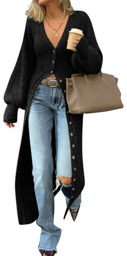 Saodimallsu Womens Long Cardigans V Neck Button Down Chunky Knit Dusters Sweater Coat Fall Trendy Maxi Sweater Dress Black
