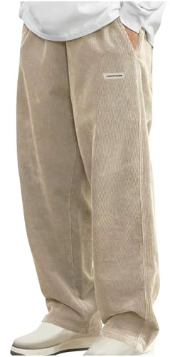 Corduroy Trousers Men Loose Fit Smart Casual Trouser Elasticated Waist Drawstring Pants Solid Colour Straight Leg Bottoms Spring and Winter Mens Lounge Wear with Pockets