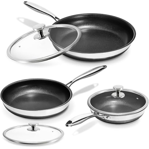 KOKHUB Nonstick Frying Pans with Lids, 8, 10, 12 Titanium Ceramic Tri-Ply Stainless Steel Skillet Set, Non-Toxic, PFAS/PFOA/PTFE Free, Dishwasher & Oven Safe, Induction Compatible