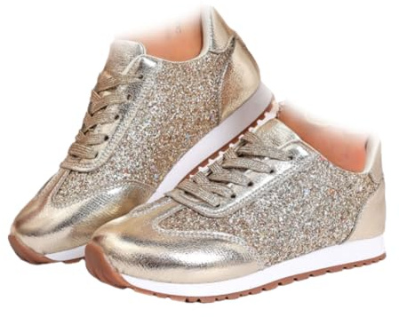 Scarpe da ginnastica ortopediche da donna, lussuose, glitterate, da donna, con strass, per camminare, tennis, Oro, 44 EU