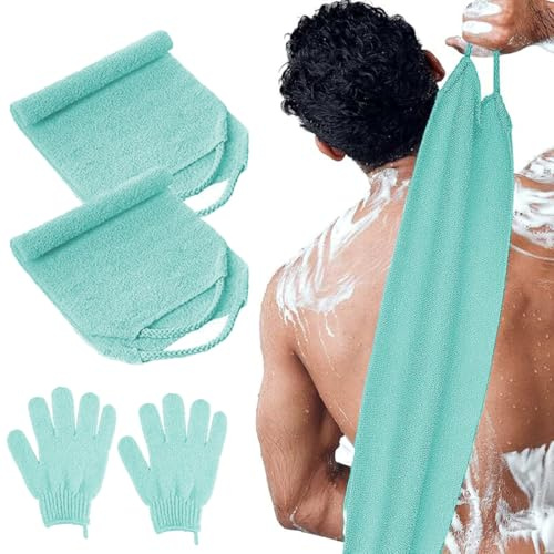 YAYNO Set de Guante Exfoliante Corporal Juego de 2 estropajos de espalda con 2 pares de guantes exfoliantes Elimina el cabello encarnado y la piel muerta para ducha,spa,masaje y removedor