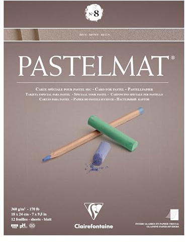 Clairefontaine 96013C Bloc Collé Pastelmat n°8-12 Feuilles Carte Spéciale pour Pastels Secs - 18x24 cm 360g - Brun - Intercalaires en Papier Cristal