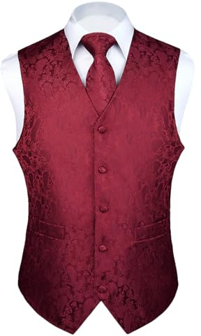 Enlision Gilet Uomo vino rosso Elegante Nozze Paisley Panciotto Jacquard Gilet da Abito Cravatta e Fazzoletto Set per Festa Sposa XXL