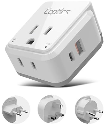 Ceptics Israel, Jordan Power Plug Adapter Travel, 20W PD & QC, Safe Dual USB & USB-C 3.1A -2 USA Socket - Use in Jerusalem, Palestine, UAE - Includes Type H, Type C, Type G Swadapt Attachments
