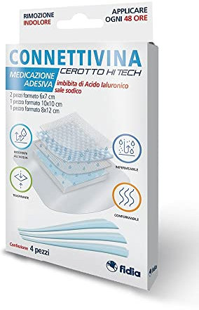 Fidia Farmaceutici Connettivina Cerotto Hi Tech - Mix di Formati, per Escoriazioni, Piccoli Tagli e Scottature, Imbevuto con Acido Ialuronico Sale Sodico