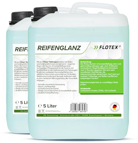 Flotex 2 x 5 l de brillance des pneus - Entretien du plastique et du caoutchouc pour l'extérieur - Noir - Soin des pneus pour la brillance des pneus - Entretien et nettoyage des pneus de voiture