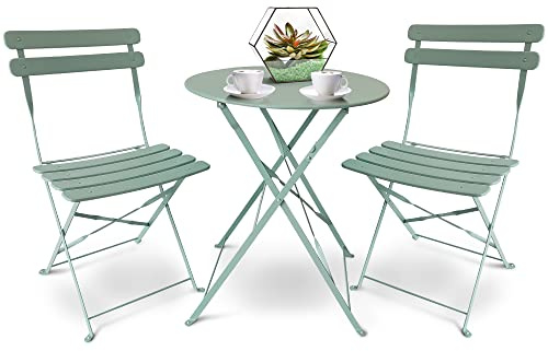 SUNMER Patio Bistro Set 3 Piece with Foldable Table and Chairs - Powder Coated Steel Frame, Easy to Transport, Each Chair can Support 120kg - Ideal for Gardens, Patios, Balconies - Mint