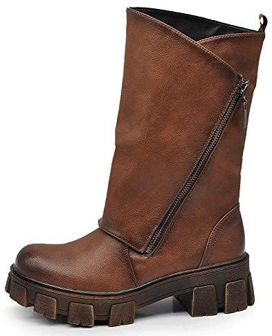 IF Mode Chaussures Femmes Bottes Au Mollet Large Biker Motard Avec Zip Platform Amphibiens 881, 881 marron, 36 EU