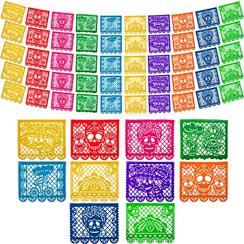 Mexikanska festbanderoller (5-pack med 10 plastflaggor per banderoll), Papel Picado Dia de los Muertos dekorationer för altare, de dödas dag banderoller, Fiesta festdekorationer, mexikanska