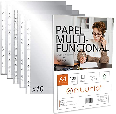 Funda A4 Transparente, Pack Multitaladro Plástico, Ofituria - Fundas Plástico y Folios A4 100gr/m2 (10 Fundas + 100 Hojas)