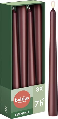 Bolsius Tapered Candles - Dark Red - 8-Pack - 24.5 cm - Decorative Household Candles - Burning Time of 7 Hours - Unscented - Includes Natural Vegan Wax - Without Palm Oil