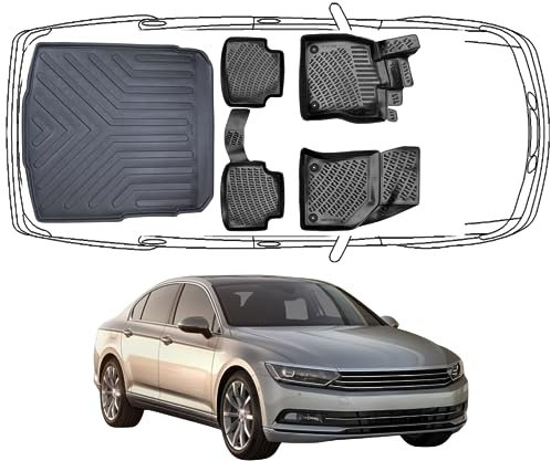 Rizline Passgenau 3D Fussmatten & Kofferraumwannee Auto Set Kompatibel mit Volkswagen Passat B8 & B8 GTE ab 2015 Auto Zubehör Gummimatten & Kofferraummatte TPE Allwetter Geruchlos Schwarz