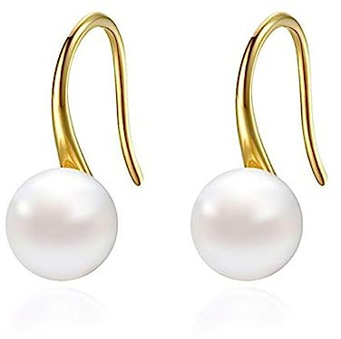 Hmzidz Pendientes de Perlas de Plata de Ley 925 y Oro - Gancho Gota - Estilo Moderno y Elegante para Mujer
