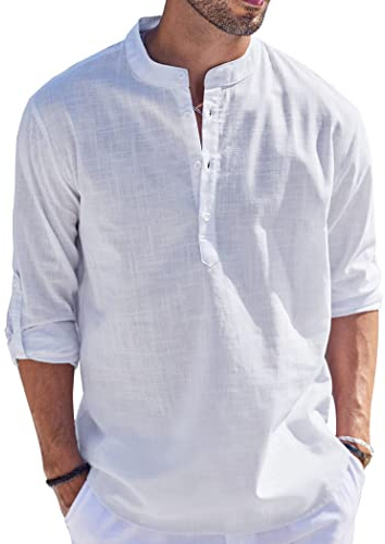 Cegerne Uomo Camicia in Lino di Cotone Manica Lunga Henley Shirt con Bottoni Casual in Tinta Unita Maglietta T-Shirt da Uomo per Spiaggia Hippie, Bianco01, S