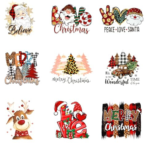 9 Fogli Adesivo Buon Natale da Stirare per Tessuti, Graziose Toppe Termoadesive Natalizie con Vari Modelli per Decorazioni Artigianali di Abbigliamento Regali Fai Da Te