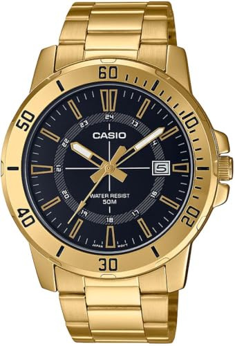 Casio Watch Men Analog Brown dial Stainless Steel, Gold, One Size, Sports