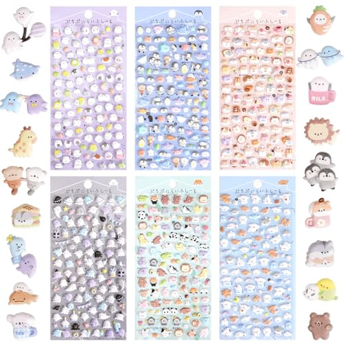 Jactales 600+ Cute Mini Puffy Stickers-Small 3D Tiny Micro Bulk Sticker Set for Kids Girls Adults-Includes Kawaii Japanese Cartoon Ghost Animal Cat Dog Penguin Birds for Phone Case-Removable-6 Sheets