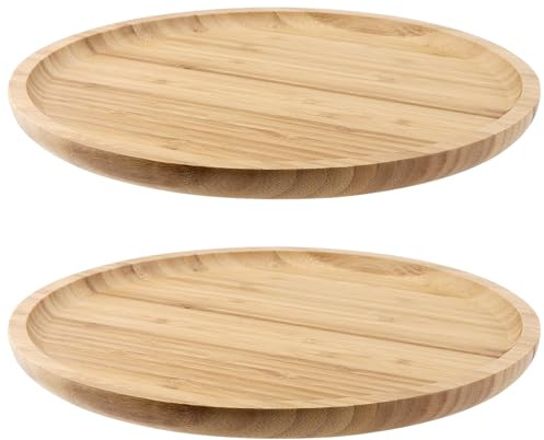 JIEHIN 2 Stück Bambus Tablett Rund 20 cm, Holztablett Rund Natur Bambus Serviertablett, Rundes Küchentablett Holz Untersetzer für Tee, Tassen, Frühstück