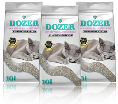30 Liter Dozer Katzenstreu Sensitive mit Babypuderduft Klumpstreu Premium 30L | Katzenstreu mit Babypuder-Duft - Feine Klumpstreu aus Bentonit 3 x 10L