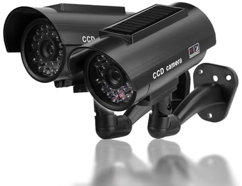 Pongnas 2pcs Dummy Camera, Fake Security Camera with Flashing LED Light Design for Indoor Outdoor Use, Solar Powered