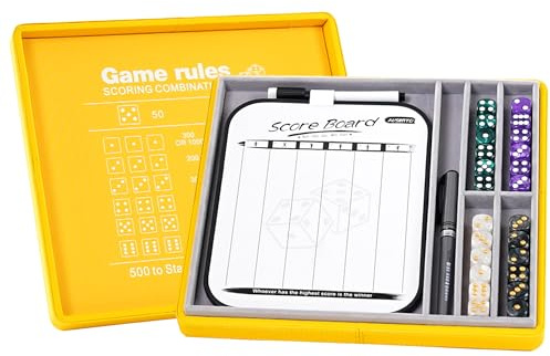 AUSIIBTO Dice Tray and Storage Case for Farkle Game - Includes Embedded Scoring Combinations, 4 Sets of 6 Pearl Dice, 50 Sheet Score Pad and Pen Holder for The Classic Family Game - Yellow and Grey