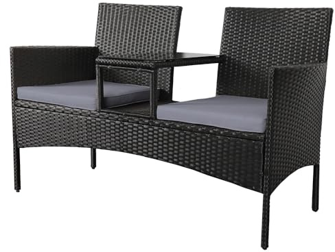 Panana Rattan Loveseat, 2 Seater Garden Bench with Cushions & Built-In Glass Table, PE Wicker Patio Love Seat for Outdoor Balcony, Poolside & Conversation Set (Black Rattan with Grey Cushions)