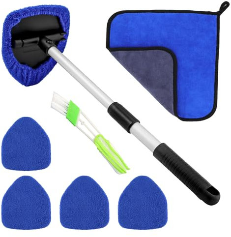 alwaiiz Limpiador de parabrisas de coche, con 5 almohadillas de microfibra, cepillo de aire acondicionado y toalla, limpiador interior de parabrisas extensible, giratorio 180 grados, azul