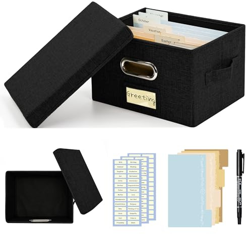 Remowith Greeting Card Organizer and Storage Box with 20 Pcs Adjustable Dividers, Storing Cards with 84 Pcs Labels Perfect for Storing Greeting Cards, Envelopes, Photos 1 Pack Black