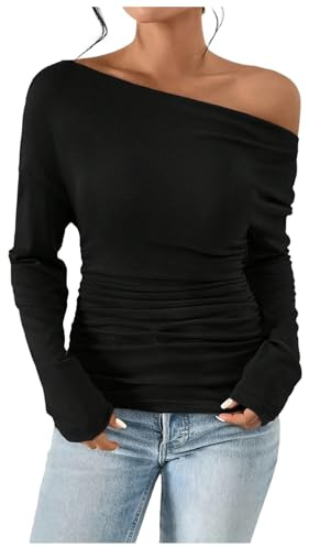 2025 Women's Sexy Off Shoulder Tops Long Sleeve Asymmetrical Slim Fit Going Out Blouse Ruffled Tight Shirts Top Skin Colours Women, black, XL