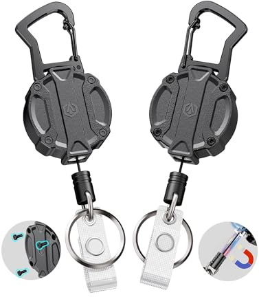 Autonomier 2Pack Heavy Duty Retractable Keychain, Unbreakable Embedded Body with 30.5 Dyneema Cord, Tactical ID Badge Holder Reel Carabiner Clip with Secure Magnetic Closure for Men, Holds 25oz