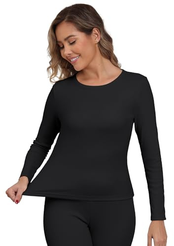 IWOLLENCE Thermal Long Sleeve Top Women Ladies Thermals T Shirt Base Layer Thermal Underwear Warm Fleece Vest Winter Thermal Wear (Black, S)