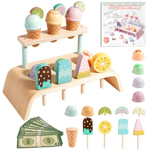 Smartwo Porte-Glaces Dinette Enfant en Bois - Glacier 28 Pièces - Accessoires pour la Cuisine des Enfants - Comptoir à Glace Jeu de Rôle - Jouet en Bois pour Filles, Cadeau à Partir de 3 Ans