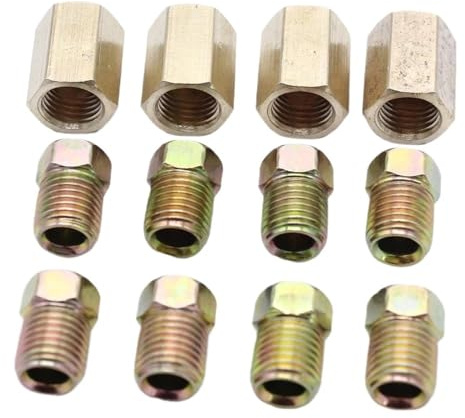 Brake Pipe Fittings 12Pcs 7/16 Inch-24 Brake Line Fittings & Brass Unions 4 Unions 8 Nuts Threads Brake Line Nut Fittings Sets for 1/4 Inch Tube