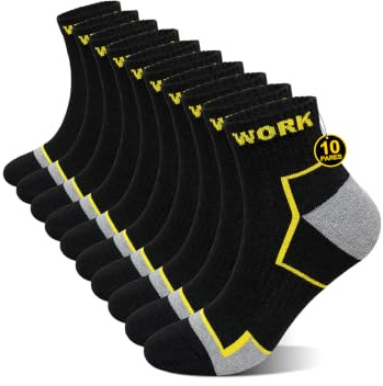 ZFSOCK Calcetines de Trabajo Hombre Mujer: Calcetines Work Cortos Reforzados Puntera y Talón con Suela Acolchonada Antiampollas Soporte del Arco Duraderos para Obra Gimnasio 10 Pares Negros 39-42