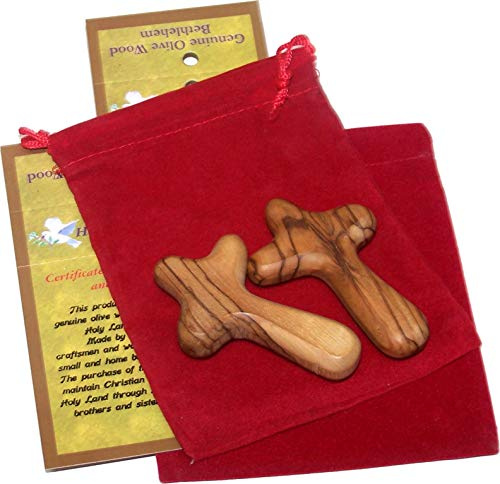Holy Land Market Small Olive Wood Pocket Comfort Holding Cross Package with Velvet Bag & Lord's Prayer Card - The Holding or Hand Cross (2 inches) (2)