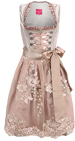 ELFIN Damen Midi Dirndl Elegante Trachtenkleid für Oktoberfest inkl. Spitzen Dirndlschürze, Champagner Rosa, 44